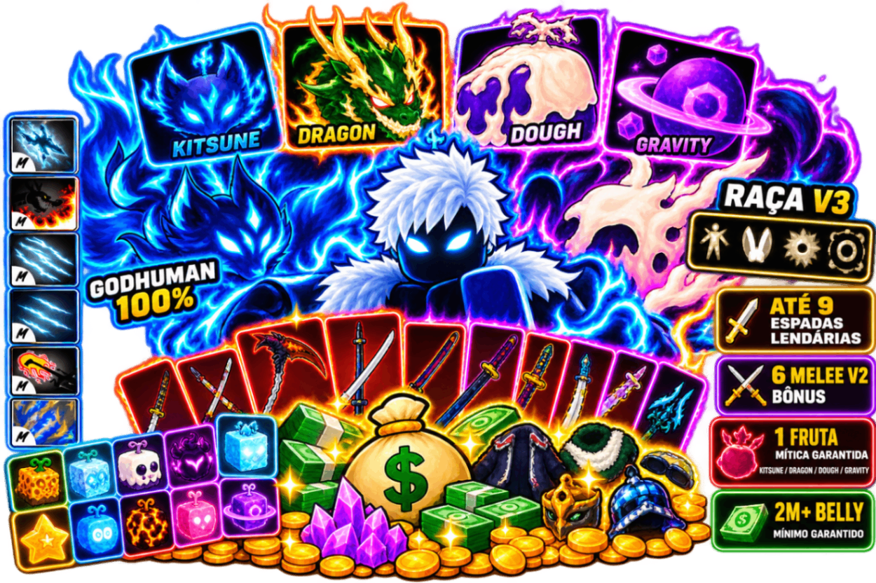 🥈 LVL 2650+ RAÇA V3 + GH — ATÉ 9 ESPADAS + FRUTAS MÍTICA GARANTIDA + BELLY 2M+